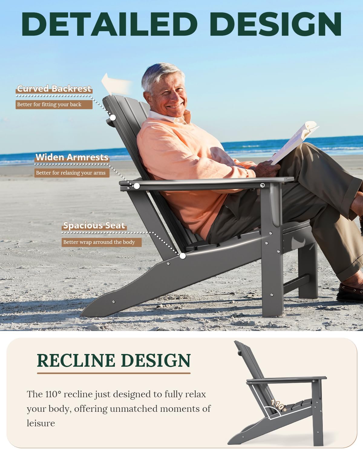 BRIOPAWS Oversized-Adirondack-Chairs-Set-of-6 | HDPE | All Weather | Grey