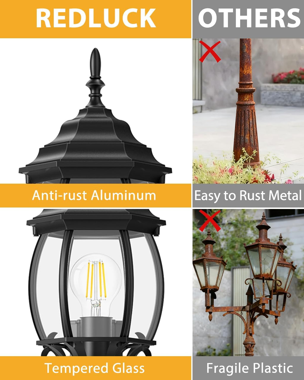 Redluck Motion Sensor Outdoor Post Lights, 3-Head Dusk to Dawn Lamp Post