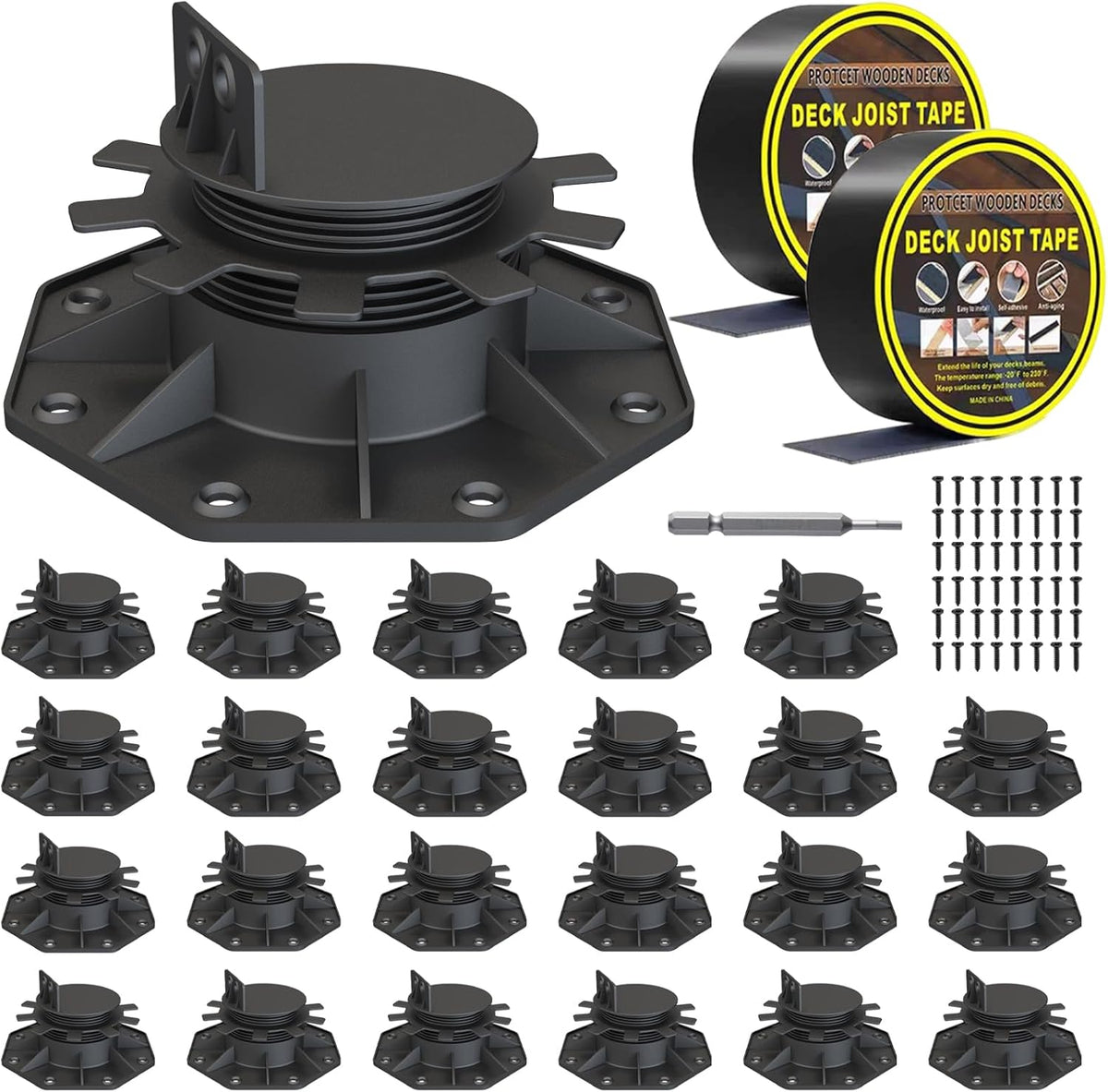 Deckit 24-Pack Adjustable Deck Support Pedestals, 1.18"–2.36" (30–60 mm), for 2×4 & 2×6 Joist Framing, Ground Support & Leveling for Patio, Shed Base & Floating Deck, Includes Joist Tape