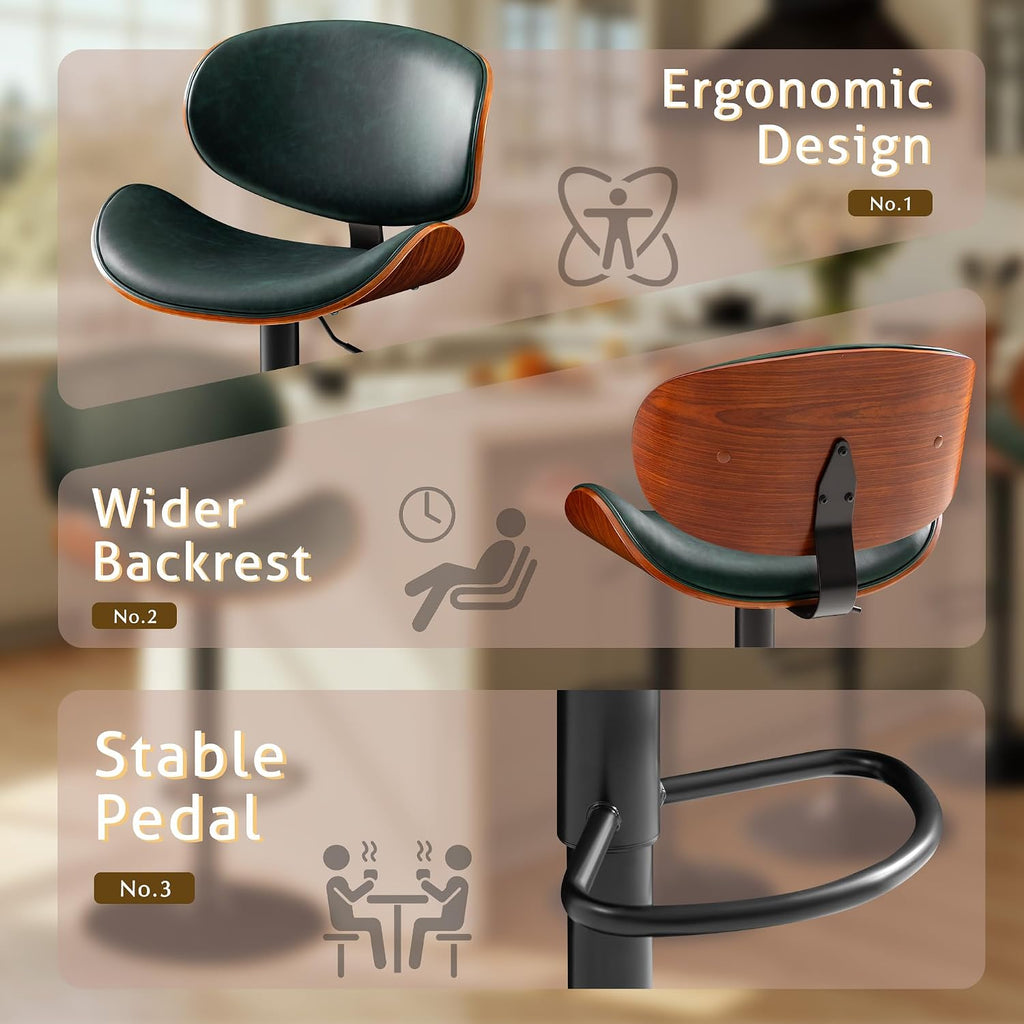 Furmax Bar Stools Set of 2 Adjustable Swivel Bentwood Barstools PU Leather Modern Bar Chairs with Back & Footrest for Bar, Kitchen Island, Dining Room (Grenn, Set of 2)