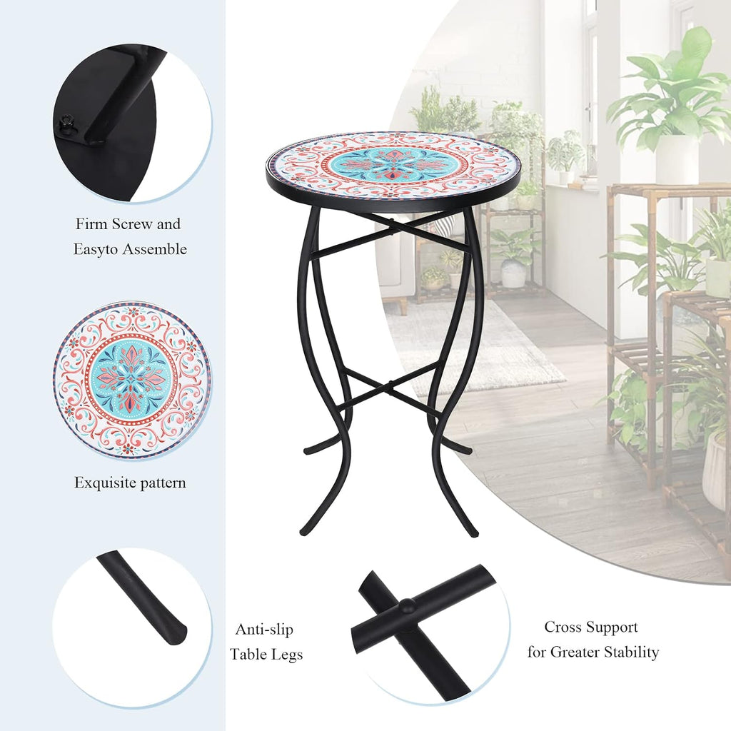 VCUTEKA Mosaic Outdoor Side Table, 14" Round Small Patio Accent Table