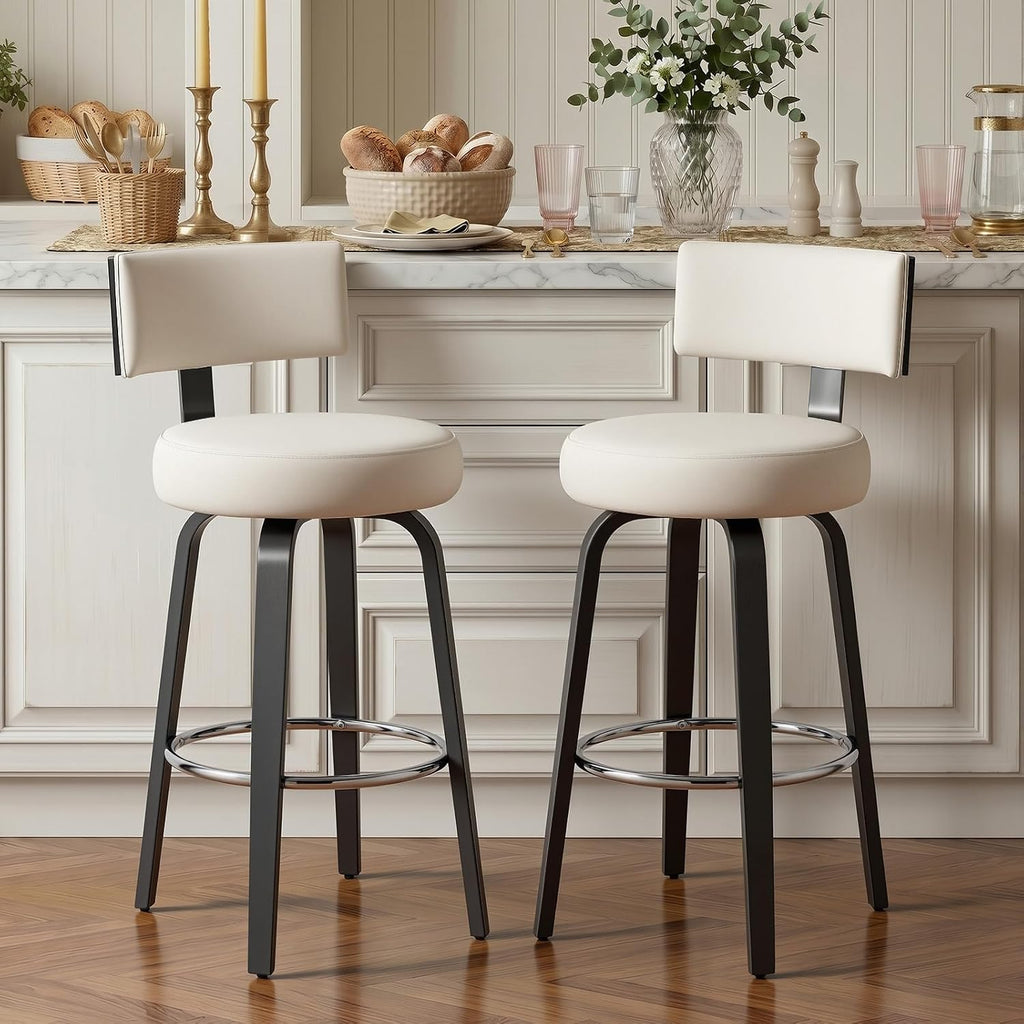 29" Bar Height Swivel Bar Stools Set of 2 with Back, White