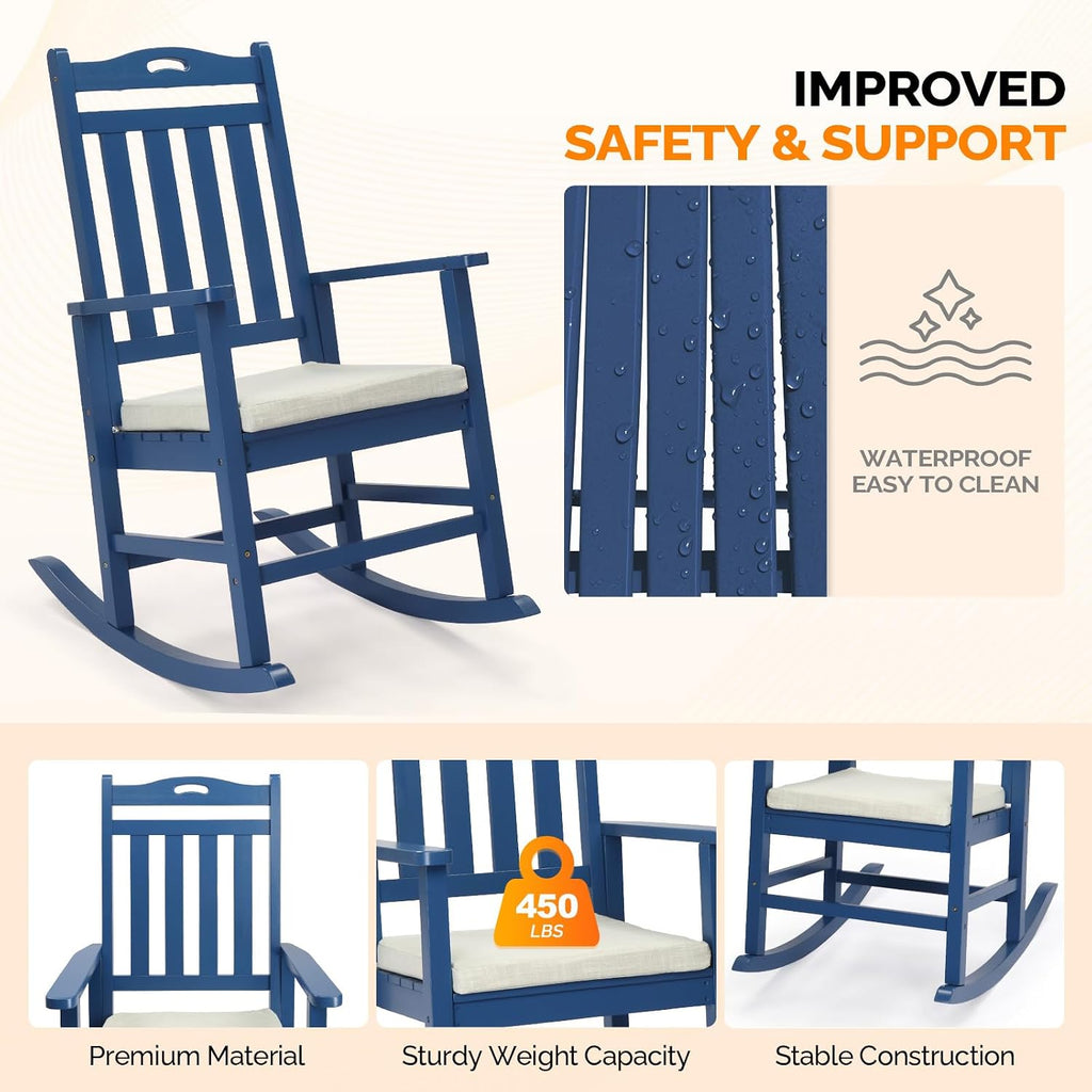 VINGLI Outdoor Rocking Chair Set of 2 Wood Rocking Chair with Cushion Blue