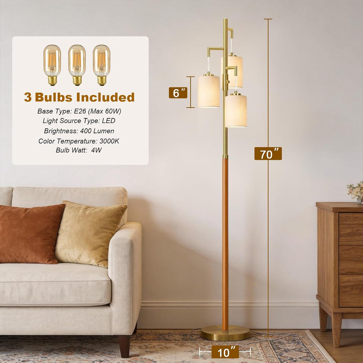 Wood Floor Lamps for living room, 70" Dimmable Gold Mcm Standing Tall Lamp