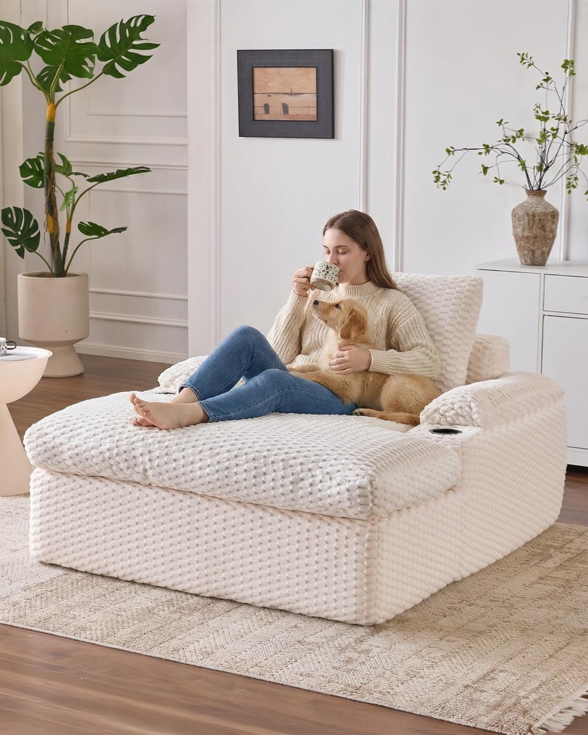 Karl home 59.8" Chaise Lounge Chair Indoor,20.1" Deep Seat, White