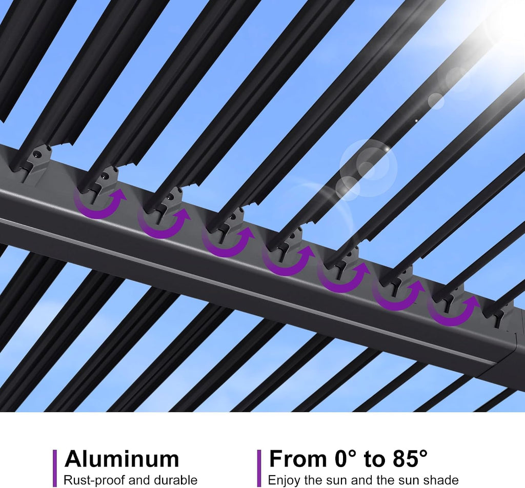 PURPLE LEAF 92KS Louvered Pergola 8' x 10' with LED Strip Lights, Gray
