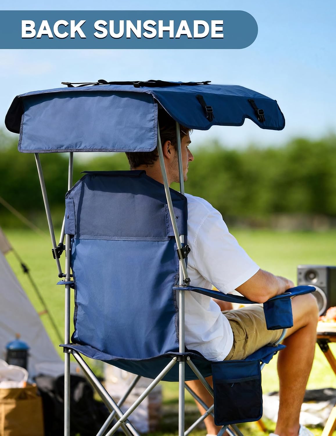 eo living backpack beach chair with canopy shade, close-up detail