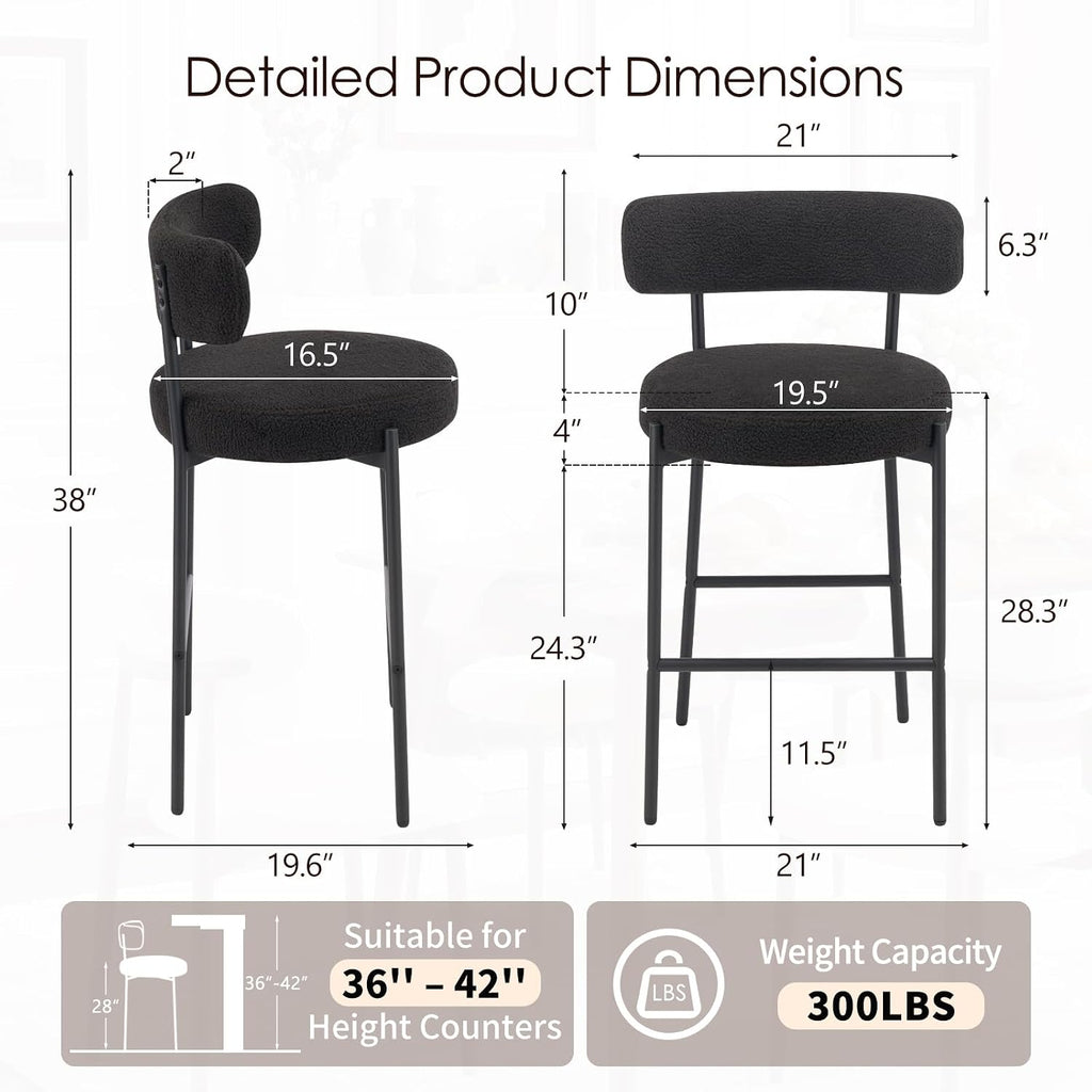 Furniliving 28'' Bar Stools Set of 3, Modern Boucle Counter Height Bar Stools with Ergonomic Curved Back, Upholstered Kitchen Stools, Barstools for Kitchen Island, Bar, Cafe, Black