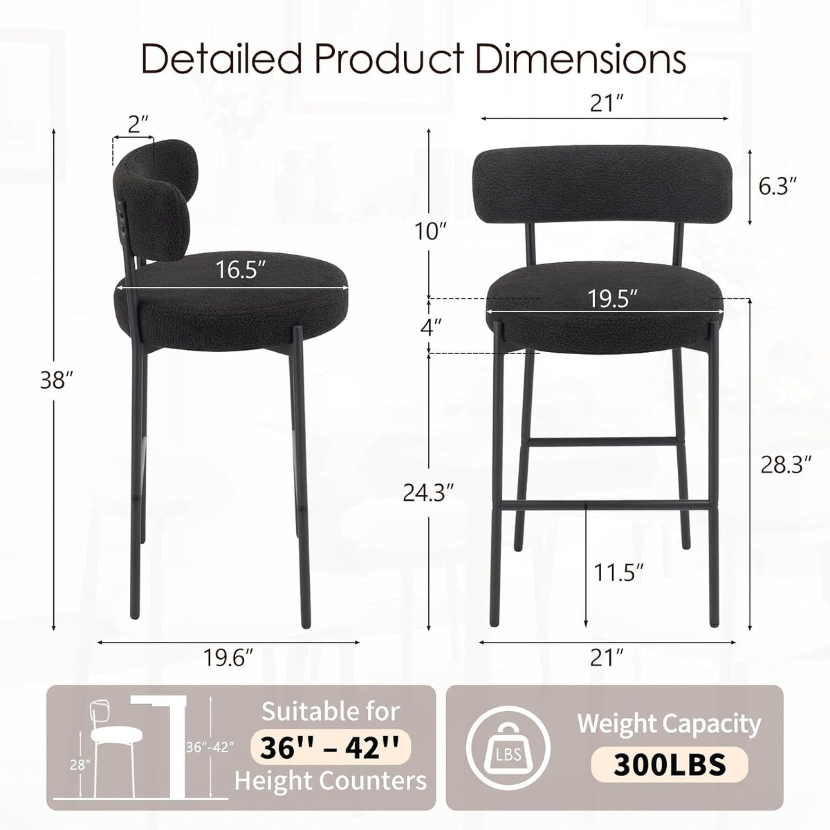 Furniliving 28'' Bar Stools Set of 3, Modern Boucle Counter Height Bar Stools with Ergonomic Curved Back, Upholstered Kitchen Stools, Barstools for Kitchen Island, Bar, Cafe, Black