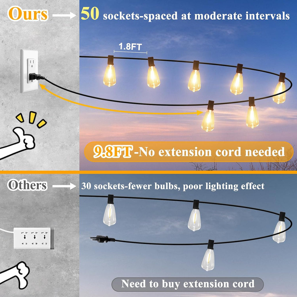 brightever 100ft outdoor string lights 52 bulbs, waterproof, close-up detail