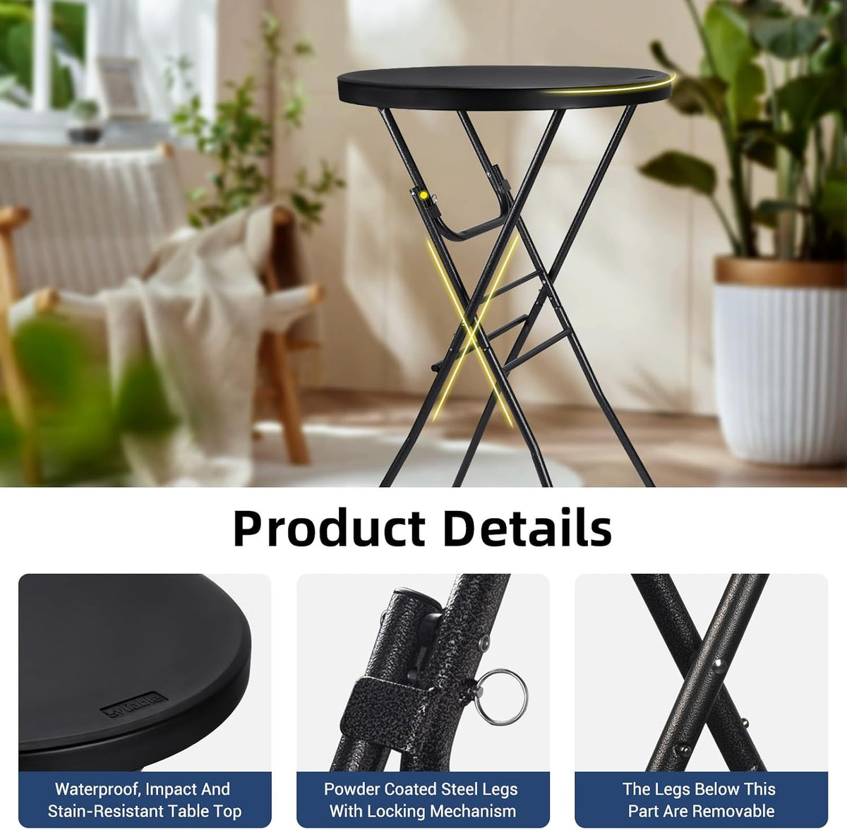 Byliable 28in Cocktail Folding Table, Round High Top Bar Height Black Table