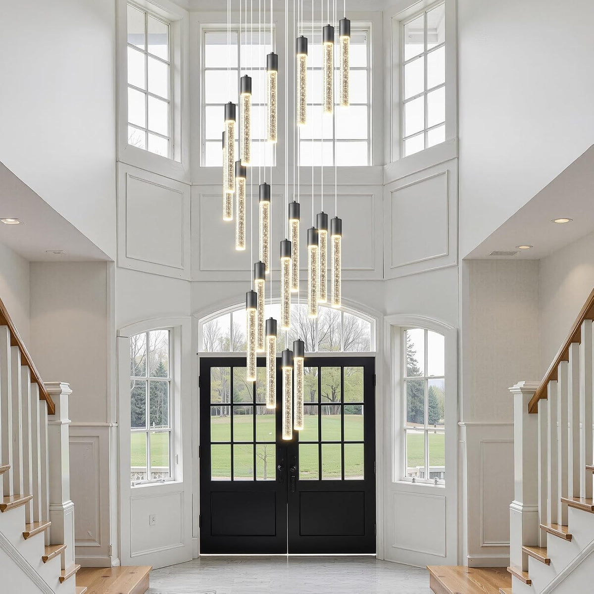 High Ceiling Crystal Staircase Chandelier: 20 Lights Black Foyer Lighting