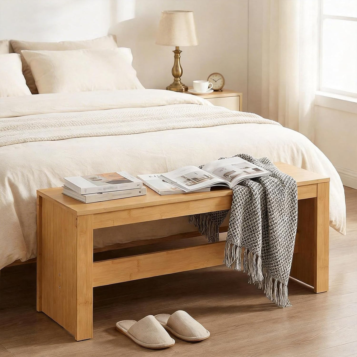MAHANCRIS Entryway Shoe Rack Bench, 35.4 Inch Bamboo Dining Bench