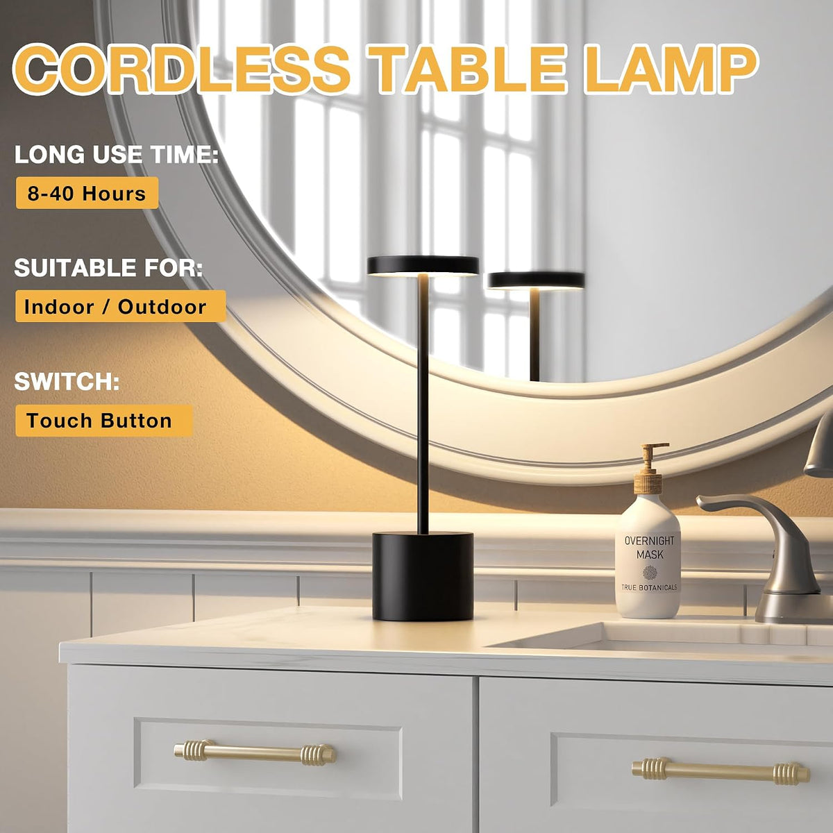 cordless rechargeable table lamp, 4000mah battery operated, black shown in use