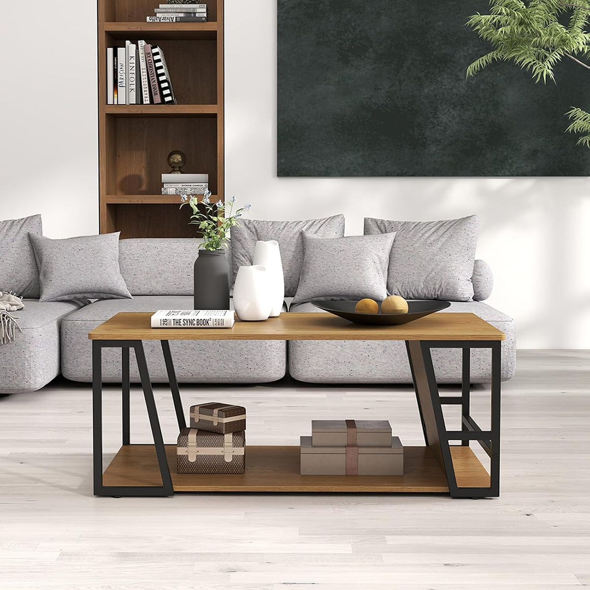 GIANTEX Modern Coffee Table with Storage, 2-Tier Wood Center Table, Oak