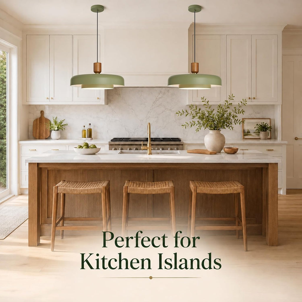 mid century green pendant light: 20" 2-tiered lighting shown in use