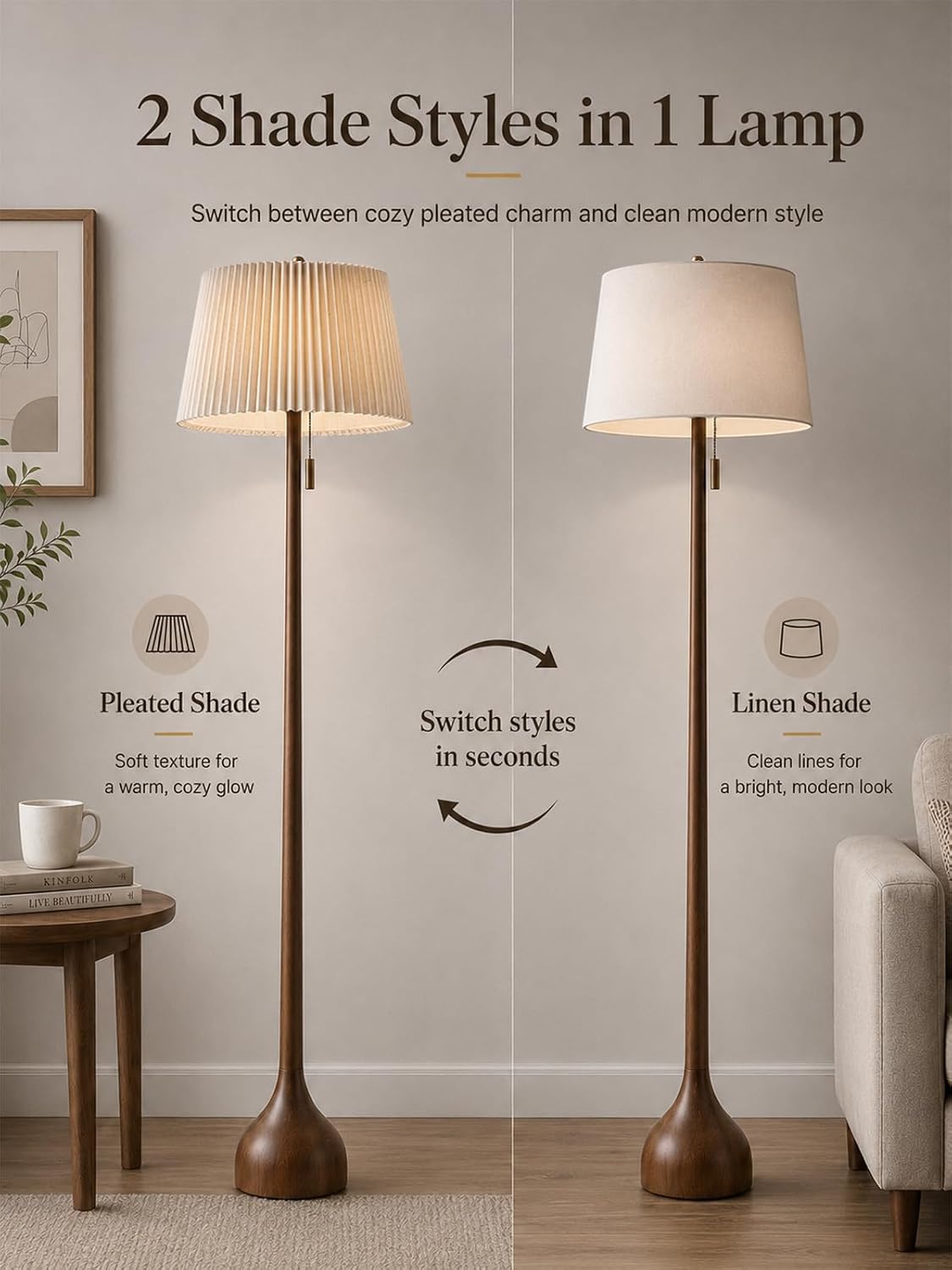 MOFFE Mid Century Modern Real Wood Floor Lamp with Remote, 2 Shades