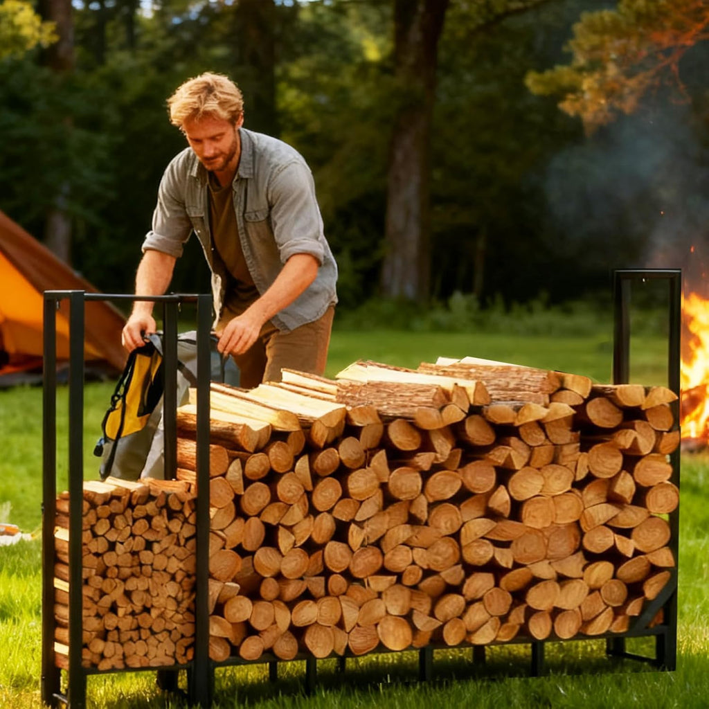 8ft Heavy Duty Firewood Rack with Kindling Storage,Black