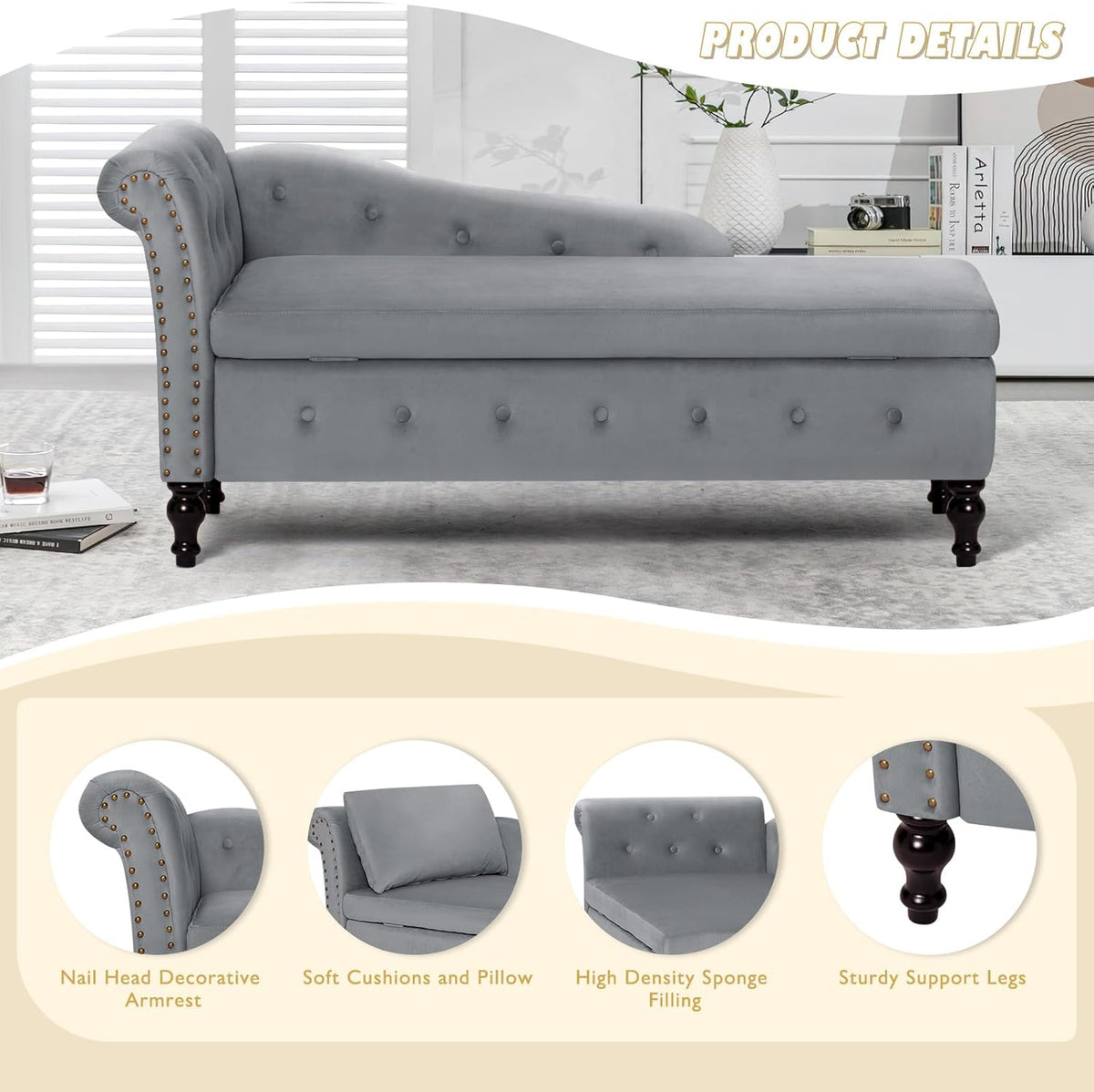 Velvet Chaise Lounge w/Left Armrest & Storage Space, Grey