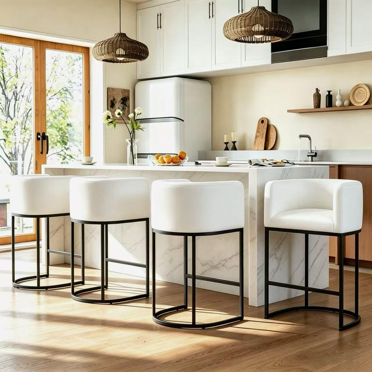 26" H Counter Height Bar Stools Set of 3, Modern Barrel Counter Stools with Backrest and Arms, Linen Fabric Upholstered Accent Barstools for Kitchen Island,Support 450 LBS (White)