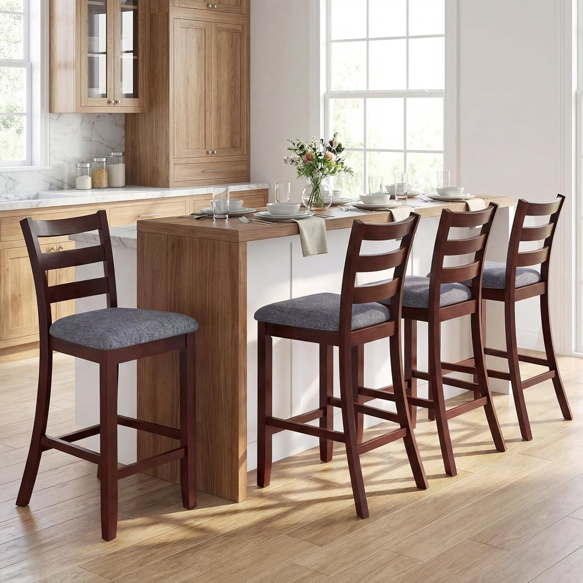COSTWAY Set of 2 Counter Height Bar Stools with Solid Rubber Wood Frame