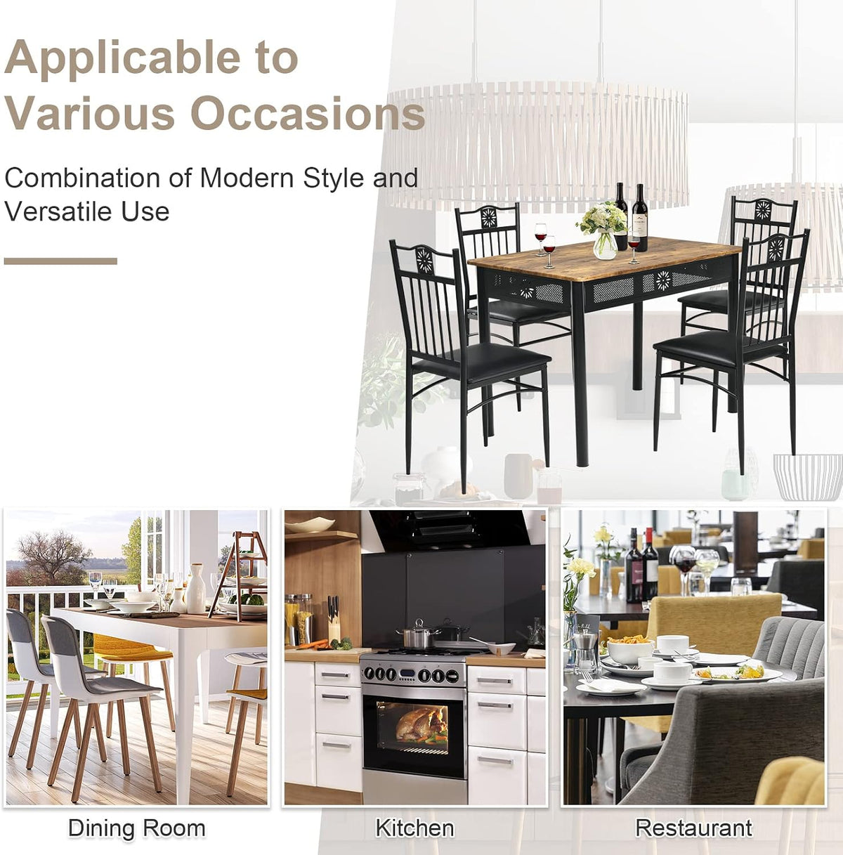 COSTWAY 5 Pieces Dining Table Set, Modern Kitchen Table Set for 4 Person, 42” Rectangular Table w/ 4 Upholstered Chairs, Bistro Table Set for Home, Coffee Shop & Restaurant (Black)