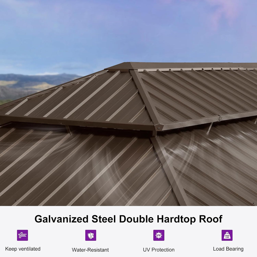 PURPLE LEAF Patio Hardtop Gazebo 14' x 24' Bronze Frame Double Roof Khaki