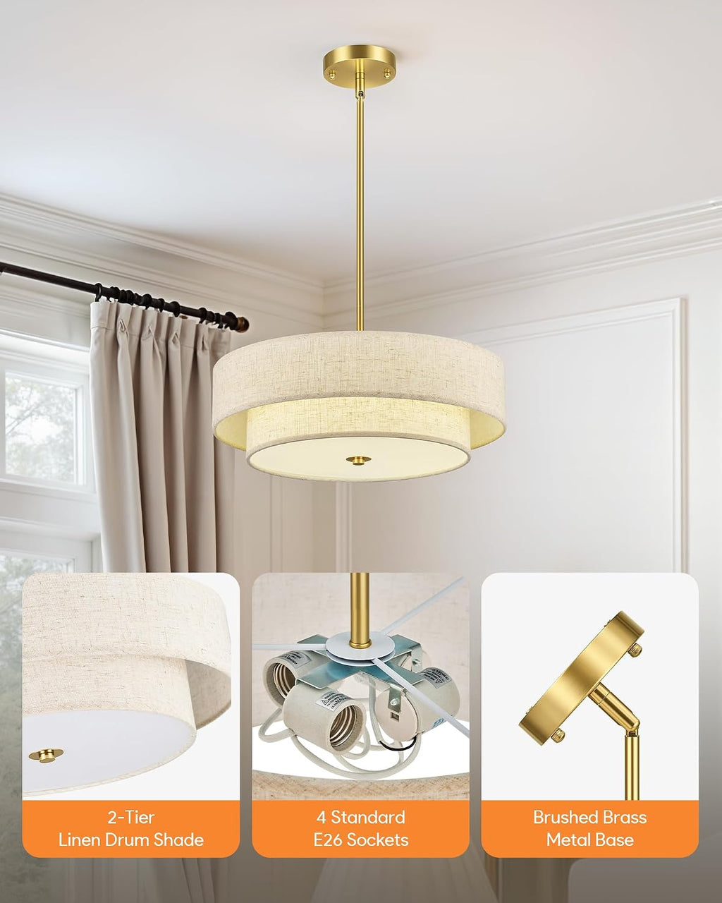VONLUCE 18" Modern Drum Chandelier, 4-Light 2-Tier Linen Pendant Light