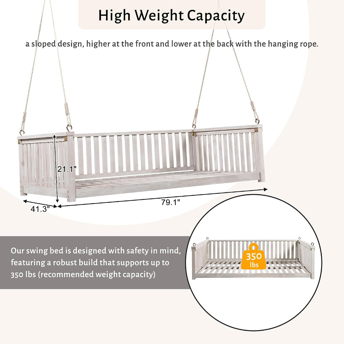 LUMISOL Outdoor Porch Swing Bed, Twin Size Acacia Wood Swing Bed Frame with Ropes, Swing Loveseat for Patio, Garden, Backyard, Safe Sloped Design, White