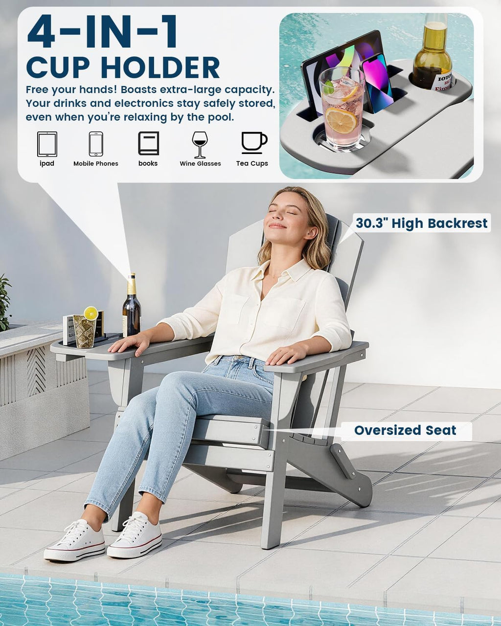 Folding Adirondack Chair Set of 2 with 4-in-1 Cup Holder,Fire Pit Chair