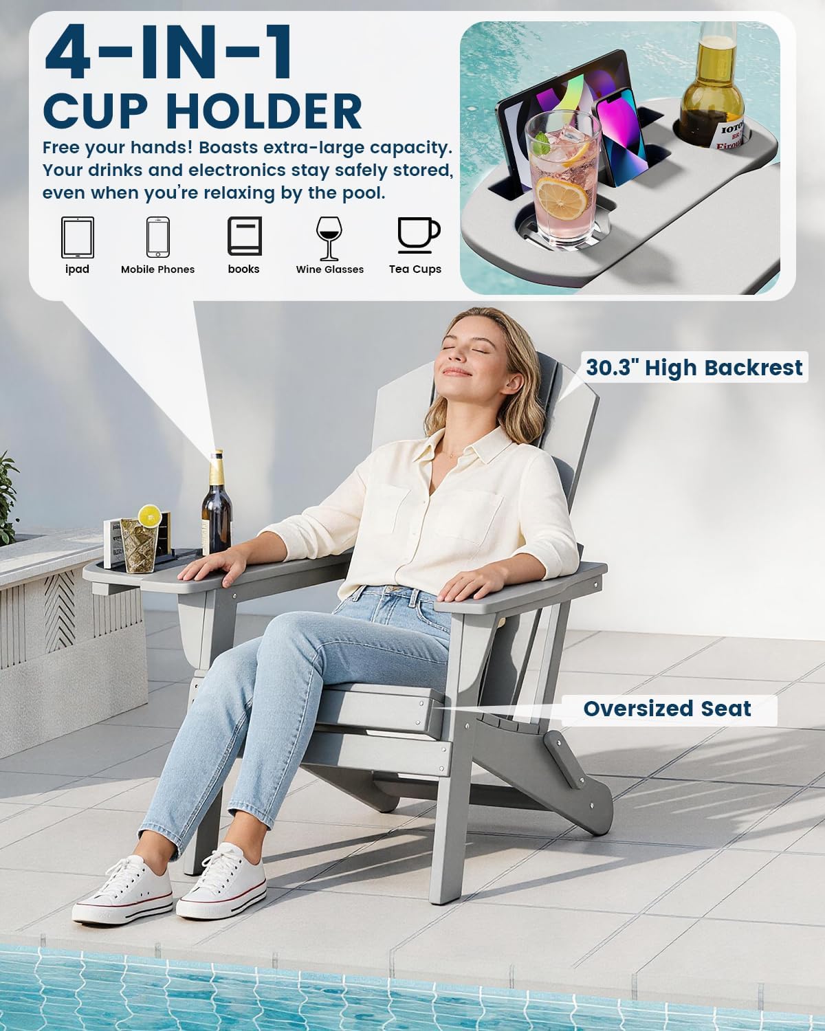 Folding Adirondack Chair Set of 2 with 4-in-1 Cup Holder,Fire Pit Chair
