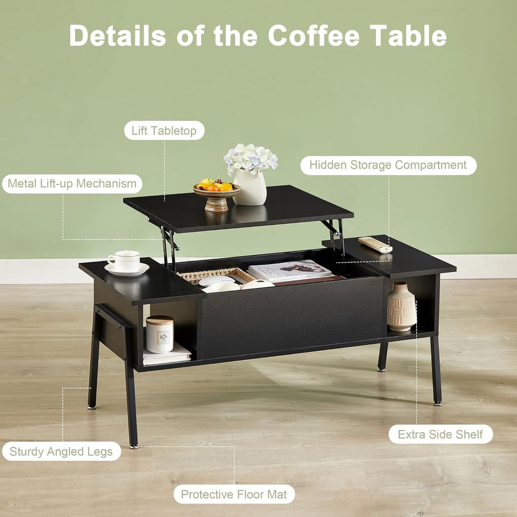 VECELO Wood Lift Top Coffee Table with Hidden Compartment and Storage Shelf for Living Room/Office Reception, Rising Tabletop, Black