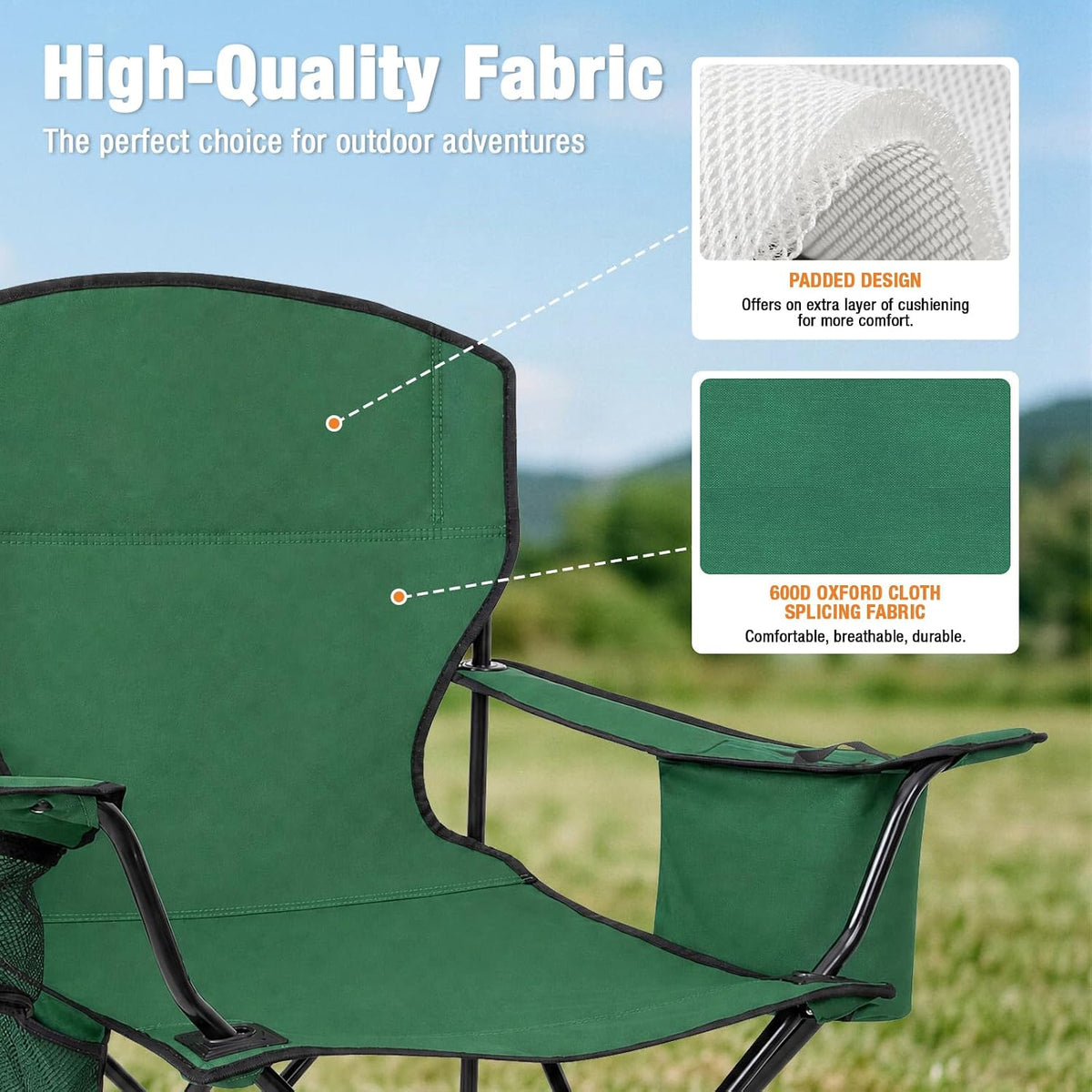 Camping Chairs for Adults, 2 Pack Heavy Duty Folding Chair with 4-Can Cooler Bag, Portable Outdoor Chair with Cup Holder, Collapsible for Tailgating, Beach, Fishing, Green