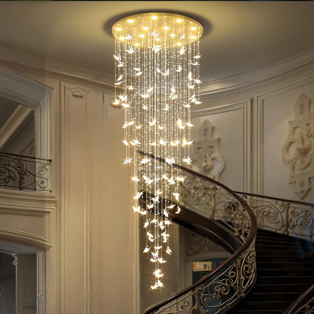 ykolupty H138 High Ceiling Chandelier - Modern Crystal Raindrop Large Chandelier for Staircase Foyer Entryway Living Room - Dimmable 3000-6000K