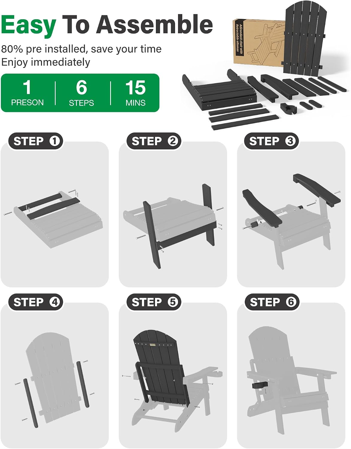 YEFU Adjustable Adirondack Chair with Footrest,All-Weather, Set of 2,Black