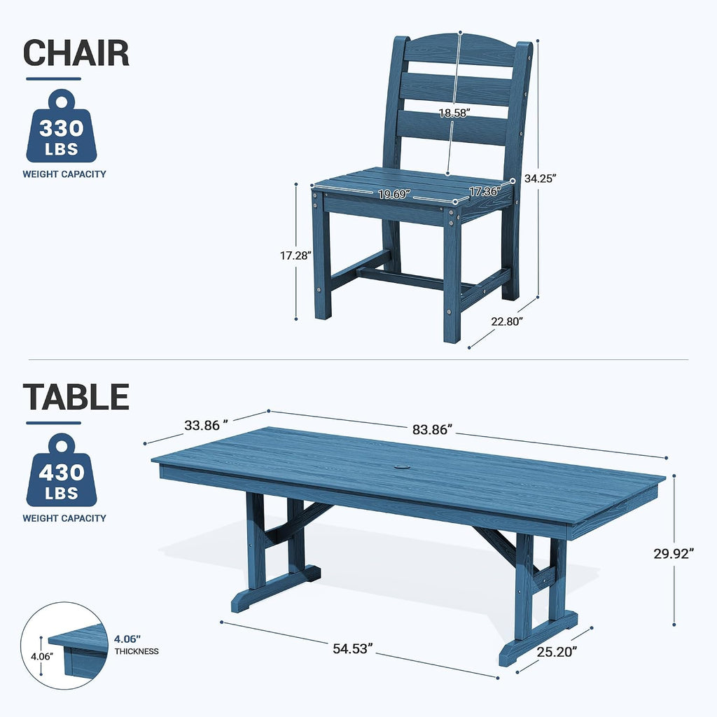 KINGYES Outdoor Dining Set,84'' Table w/Umbrella Hole & Armless Chairs,Blue