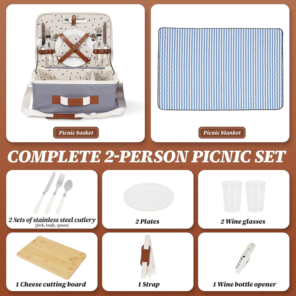 Picnic Basket for 2-Picnic Basket with Waterproof Blanket & Accessories