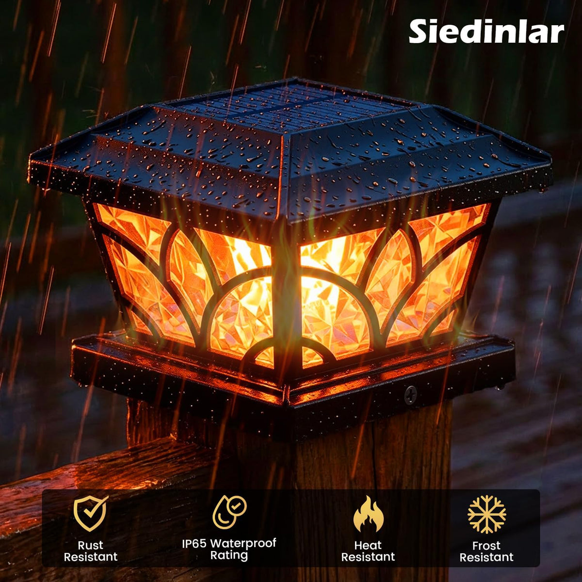 SIEDiNLAR Flickering Flame Solar Post Cap Lights 4 Modes 4 Pack (Black)
