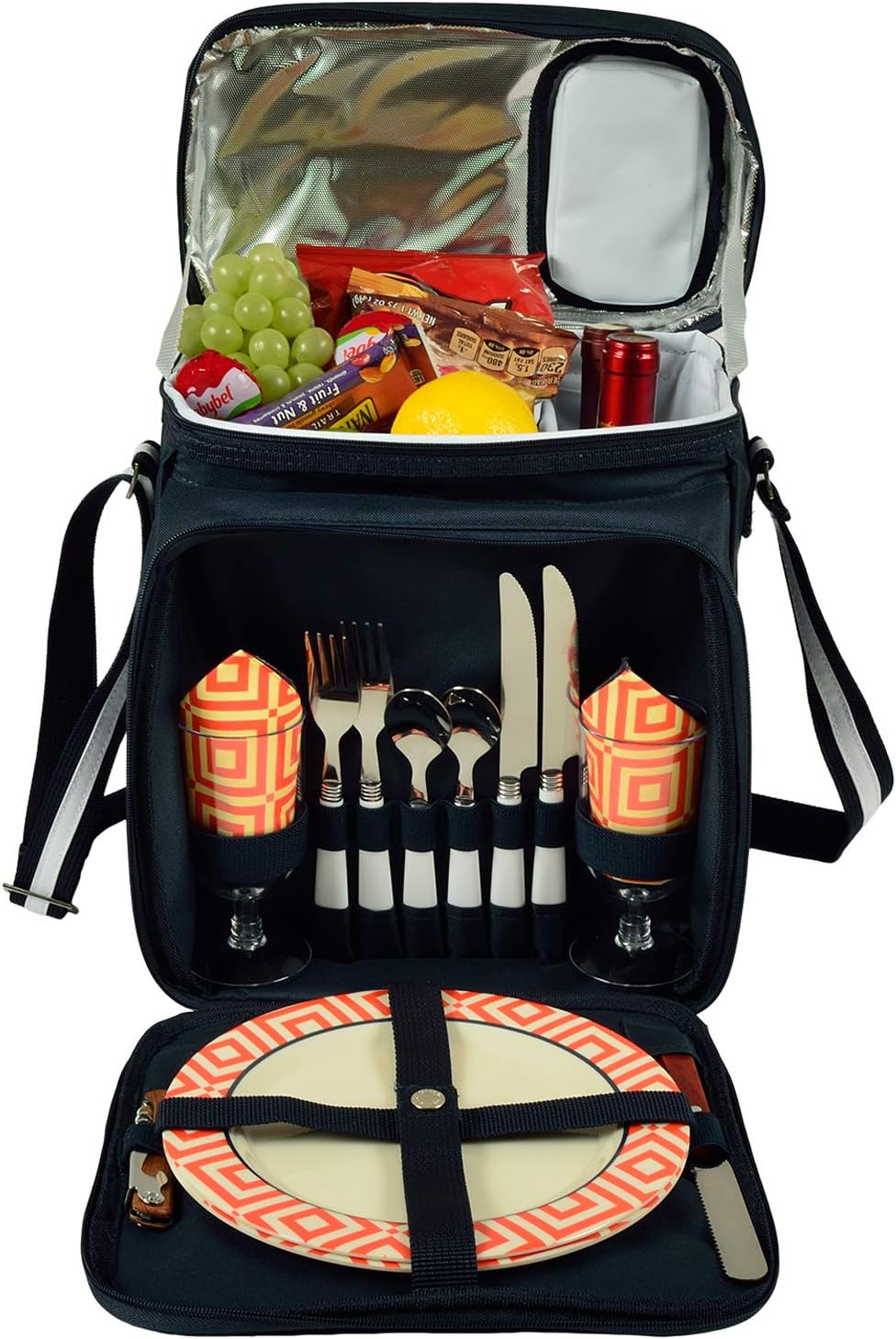Picnic at Ascot Insulated Picnic Basket/Cooler Fully Equipped with Service for 2 - Orange/Navy