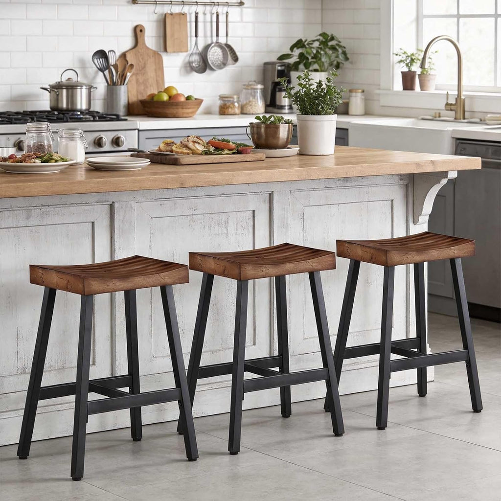 Rustic Farmhouse Wood Bar Stools Set of 3, 25" Backless Counter Barstools with Reclaimed Brown Solid Wooden Saddle Seat, Heavy Duty Vintage Black Industrial Metal for Kitchen Island, Bar
