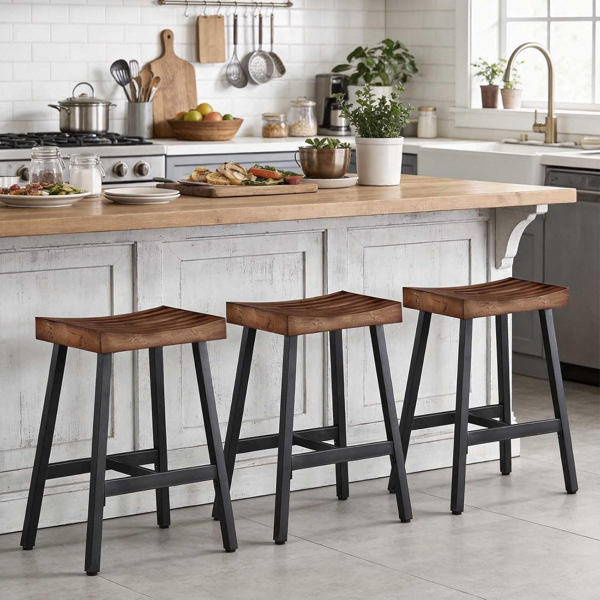 Rustic Farmhouse Wood Bar Stools Set of 3, 25" Backless Counter Barstools with Reclaimed Brown Solid Wooden Saddle Seat, Heavy Duty Vintage Black Industrial Metal for Kitchen Island, Bar