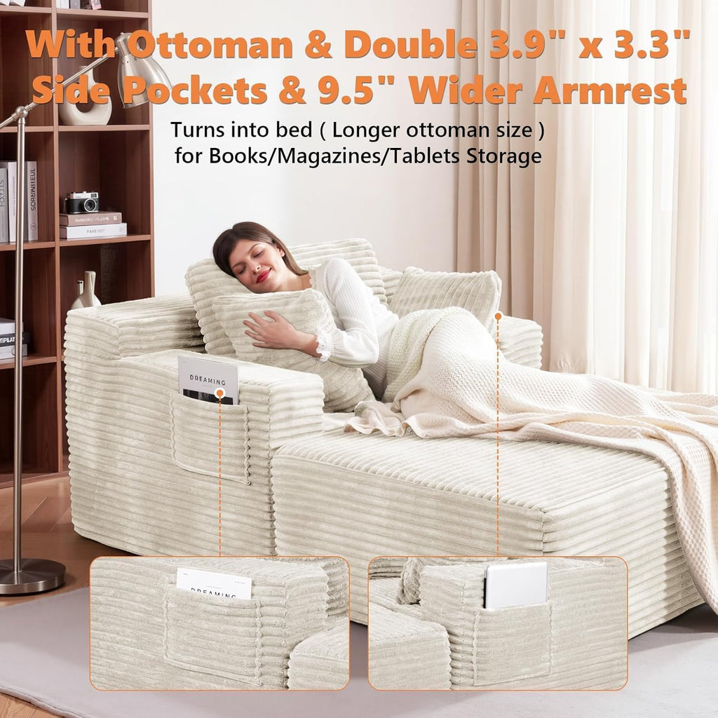 Boneless Chair, 82" Oversized Chaise Lounge with Ottoman, White