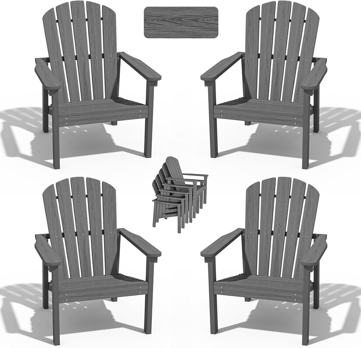 nevilywood Stackable Adirondack Chair, HDPE Outdoor Chair Set of 4, Grey
