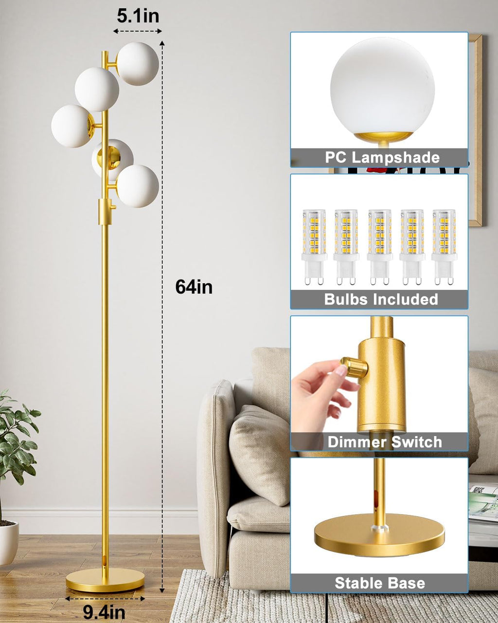 Dimmable Gold Globe Floor Lamp, 64IN Tall Standing Lamps with 5 Globe Warm White 3000K Bulbs, Mid Century Modern Floor Lamp with 5Lbs Heavy Base for Living Room Bedroom Sofa Beside Home Decor