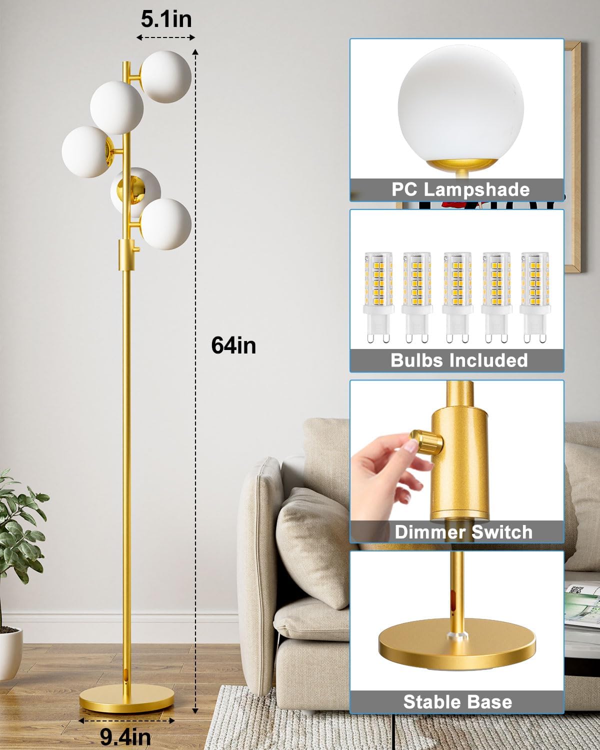 Dimmable Gold Globe Floor Lamp, 64IN Tall Standing Lamps with 5 Globe Warm White 3000K Bulbs, Mid Century Modern Floor Lamp with 5Lbs Heavy Base for Living Room Bedroom Sofa Beside Home Decor