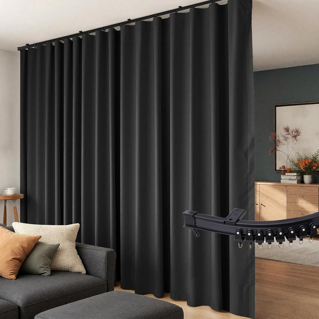 Room Divider Curtains Flexible Ceiling Tracks Set Curtain Track Ceiling Mount Blackout Curtain for Living Room Bedroom Ceiling Curtain Rod Privacy Dividers Panels W100 x H84 Black Drape & Black Rail