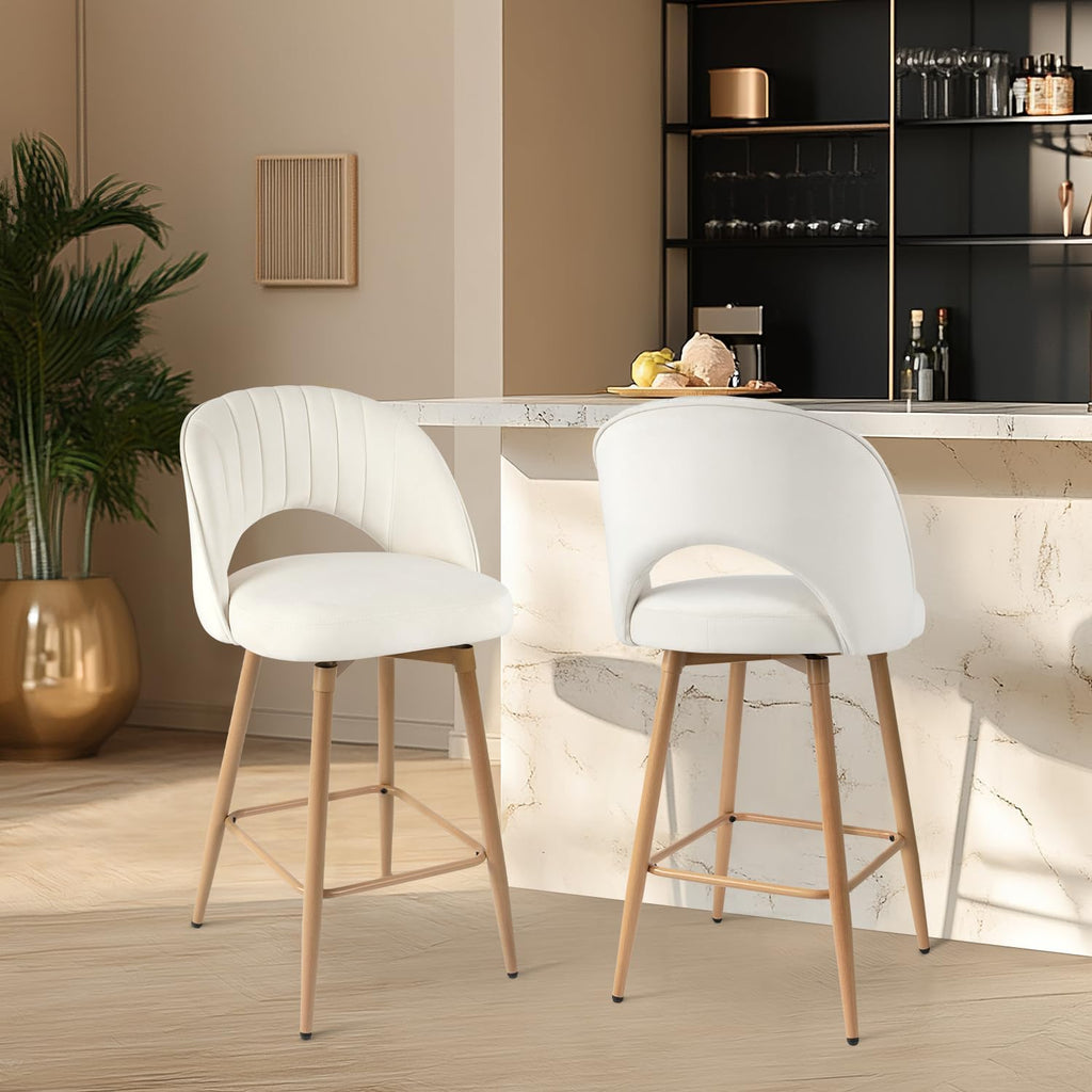 Swivel Bar Stools Set of 4, Counter Height Barstools for Kitchen Island, 26" Seat Height Bar Chairs for Dining Room, Velvet Upholstered Bar Stool with Back and Footrest, White