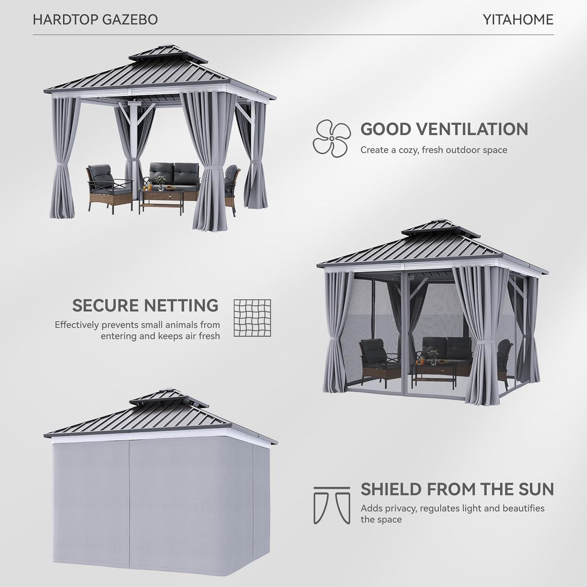 YITAHOME 10X10FT Gazebo Patios Hard Top Outdoor Canopy Aluminum Frame