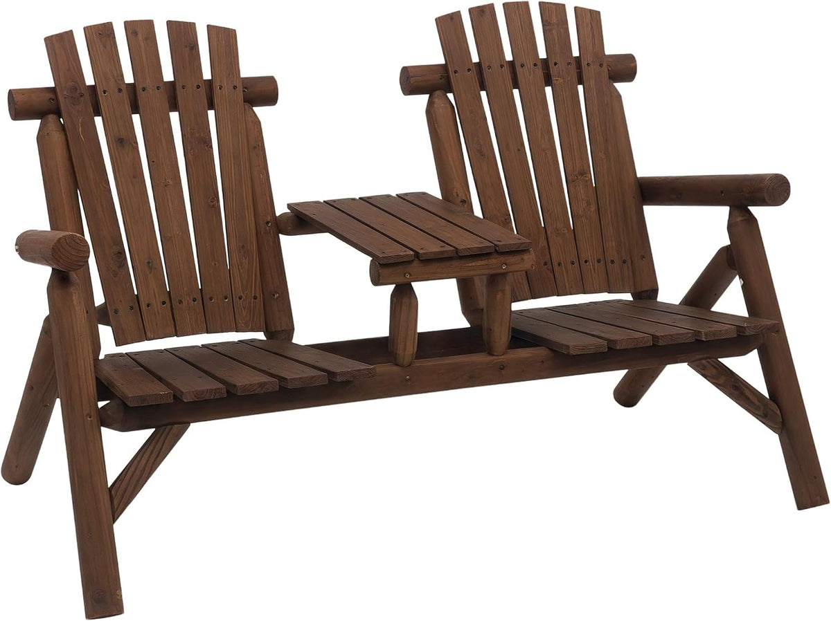 Outsunny 2-Seat Wooden Adirondack Chair Patio Bench with Table Carbonized