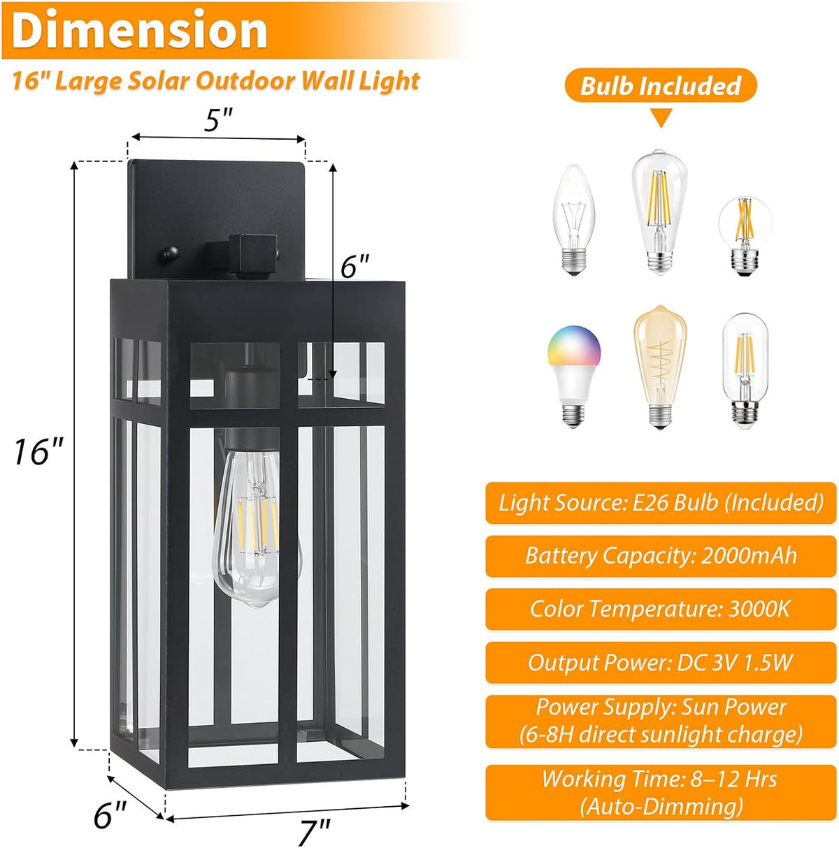 2 Pack Solar Outdoor Wall Lights, 16" Large Dusk to Dawn Exterior Lighting Fixtures, Black Porch Light Lantern Wall Mount, Waterproof Modern Outside Light, Solar Powered for House Patio Garage